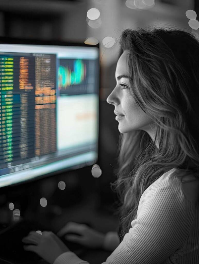 ems European Media Sourcing - Leistungen - Frau vor einem Bildschirm mit Statistiken